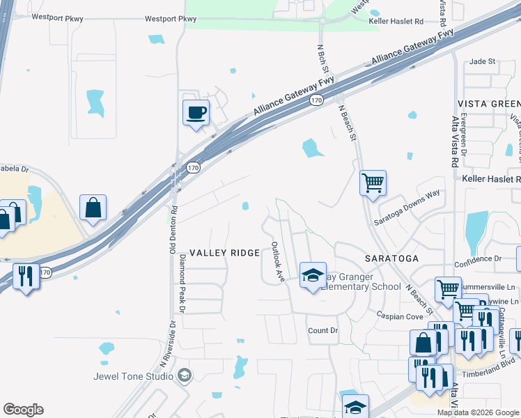 map of restaurants, bars, coffee shops, grocery stores, and more near 12877 Outlook Avenue in Fort Worth