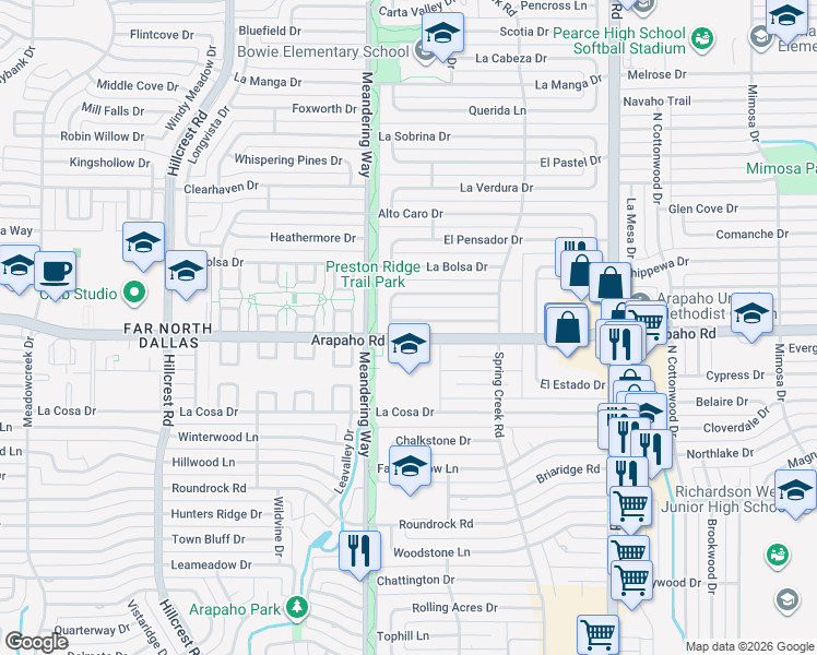 map of restaurants, bars, coffee shops, grocery stores, and more near 7616 La Risa Drive in Dallas