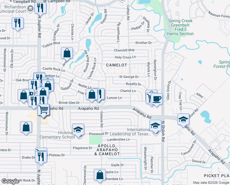 map of restaurants, bars, coffee shops, grocery stores, and more near 2910 Chariot Lane in Garland