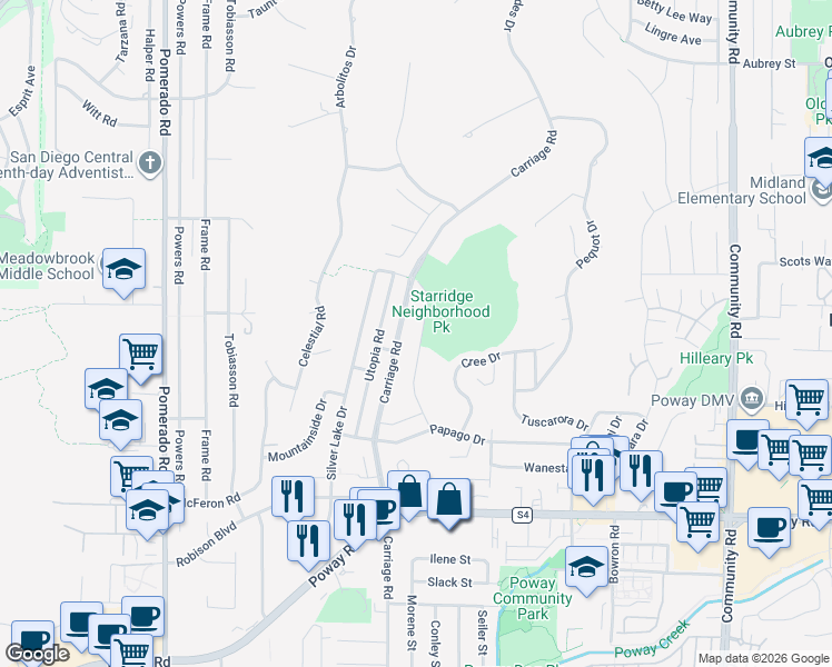 map of restaurants, bars, coffee shops, grocery stores, and more near 13622 Starridge Street in Poway