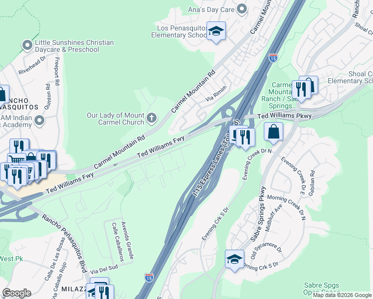 map of restaurants, bars, coffee shops, grocery stores, and more near 10345 Azuaga Street in San Diego