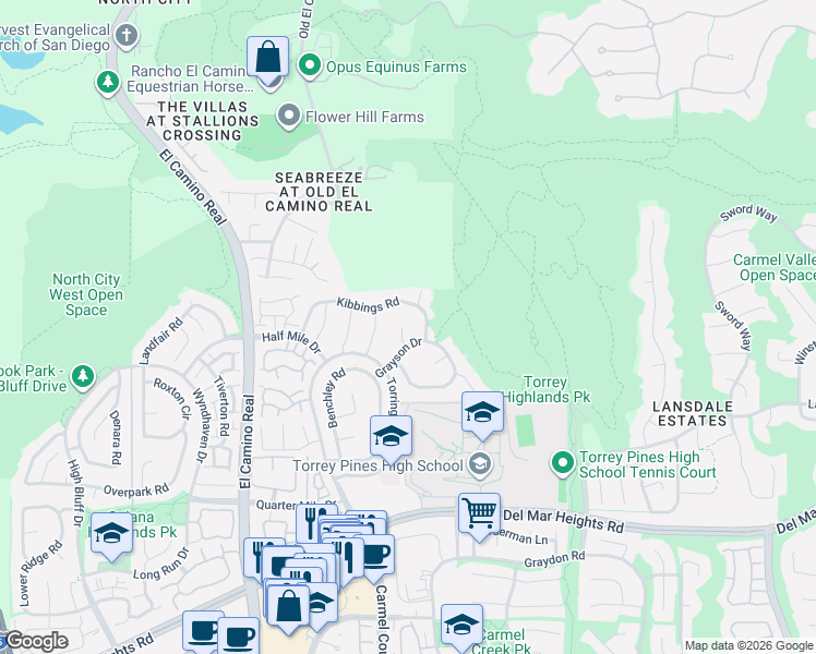 map of restaurants, bars, coffee shops, grocery stores, and more near 15389 Gelbourne Place in San Diego