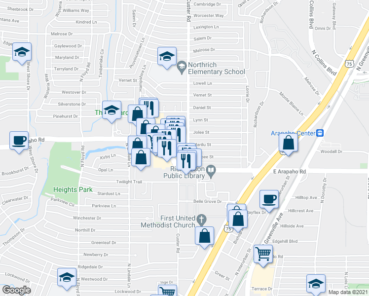 map of restaurants, bars, coffee shops, grocery stores, and more near 518 West Arapaho Road in Richardson