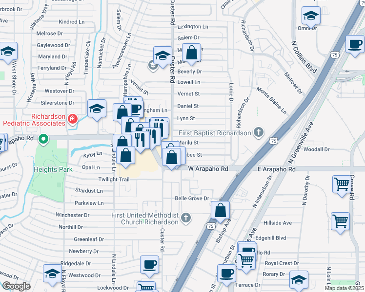 map of restaurants, bars, coffee shops, grocery stores, and more near 439 Marilu Street in Richardson