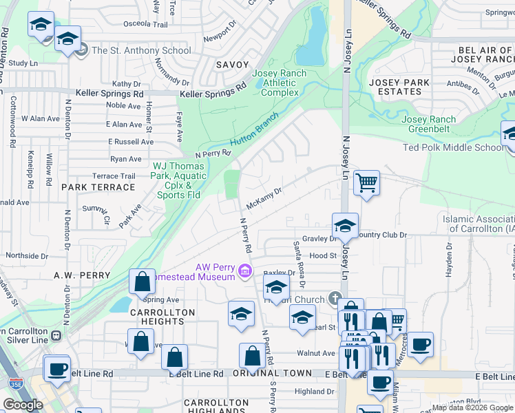 map of restaurants, bars, coffee shops, grocery stores, and more near 1814 Briar Cove in Carrollton
