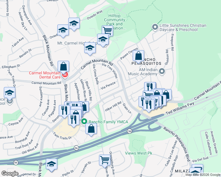 map of restaurants, bars, coffee shops, grocery stores, and more near 9554 Paseo Temporada in San Diego