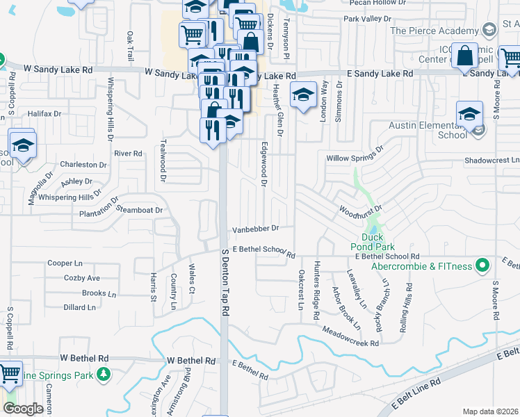 map of restaurants, bars, coffee shops, grocery stores, and more near 331 Edgewood Drive in Coppell