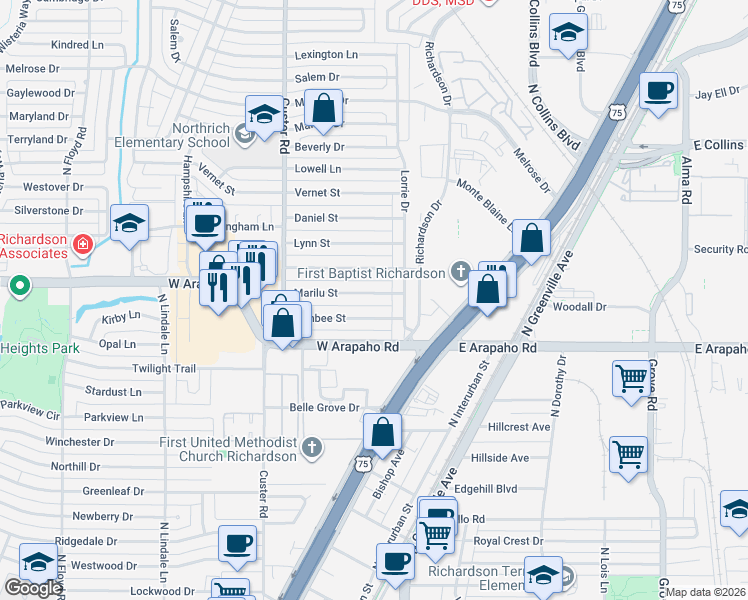 map of restaurants, bars, coffee shops, grocery stores, and more near 411 Marilu Street in Richardson