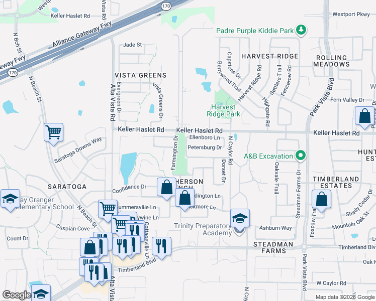 map of restaurants, bars, coffee shops, grocery stores, and more near 4000 Petersburg Drive in Fort Worth