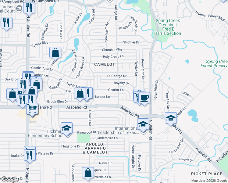 map of restaurants, bars, coffee shops, grocery stores, and more near 2810 Chariot Lane in Garland