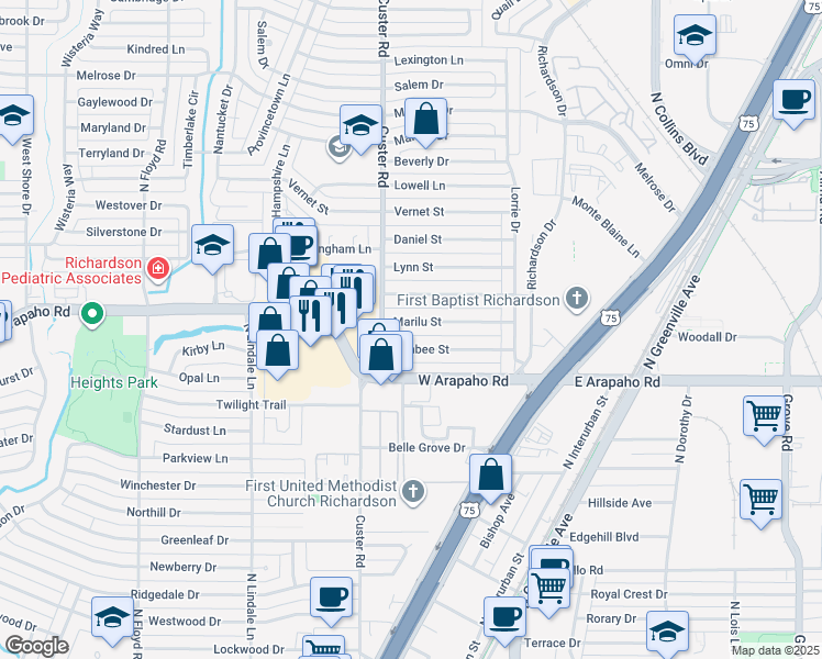map of restaurants, bars, coffee shops, grocery stores, and more near 439 Marilu Street in Richardson