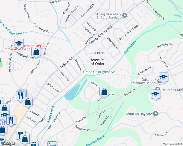 map of restaurants, bars, coffee shops, grocery stores, and more near 251 Grand Oaks Drive in Ladson