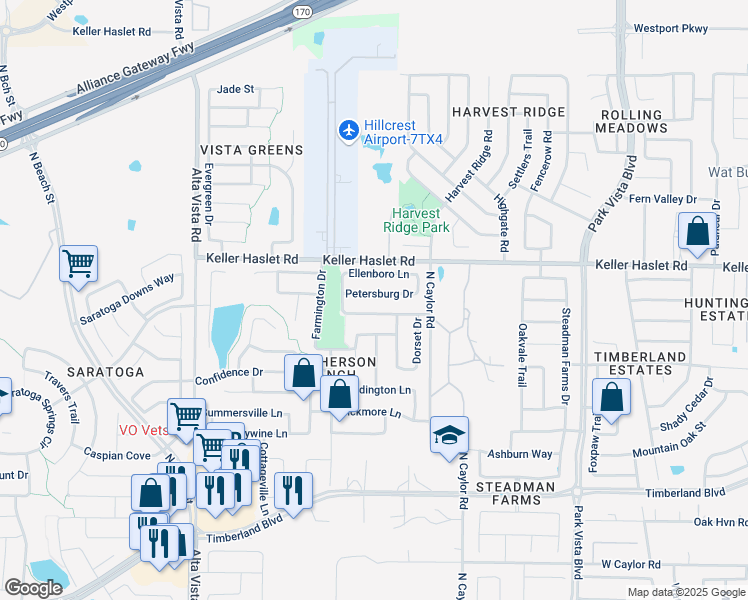 map of restaurants, bars, coffee shops, grocery stores, and more near 4028 Petersburg Drive in Fort Worth