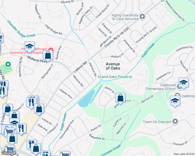 map of restaurants, bars, coffee shops, grocery stores, and more near 1023 Harrison Road in Ladson