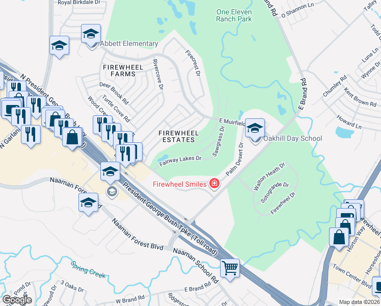map of restaurants, bars, coffee shops, grocery stores, and more near 601 Fairway Lakes Drive in Garland
