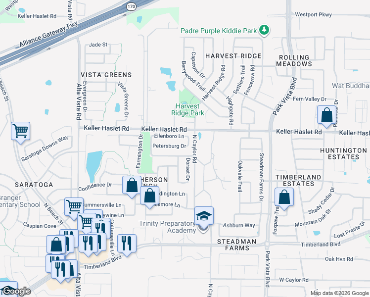 map of restaurants, bars, coffee shops, grocery stores, and more near 4120 Petersburg Drive in Fort Worth