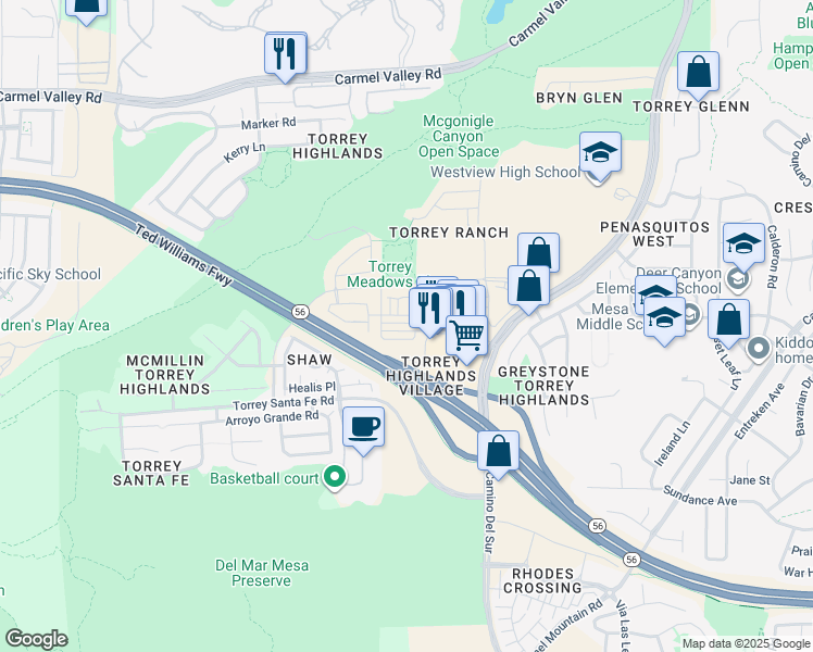 map of restaurants, bars, coffee shops, grocery stores, and more near 7755 Via Montebello in San Diego