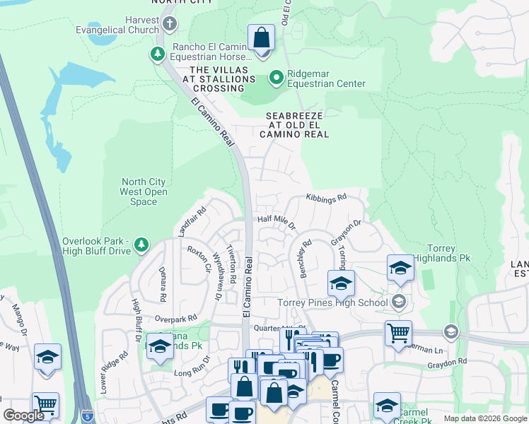 map of restaurants, bars, coffee shops, grocery stores, and more near 13524 Jadestone Way in San Diego