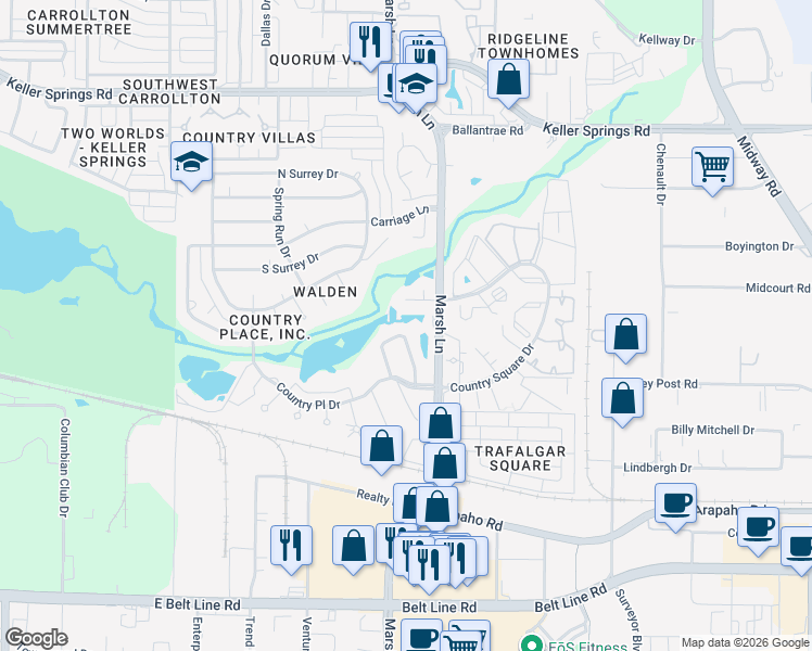 map of restaurants, bars, coffee shops, grocery stores, and more near 2941 Country Place Circle in Carrollton