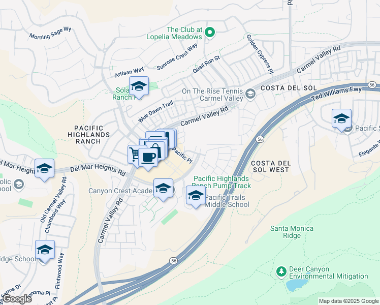 map of restaurants, bars, coffee shops, grocery stores, and more near 12932 Peppergrass Creek Gate in San Diego
