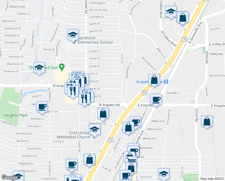 map of restaurants, bars, coffee shops, grocery stores, and more near 411 Marilu Street in Richardson