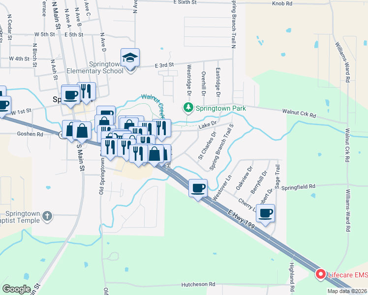 map of restaurants, bars, coffee shops, grocery stores, and more near 246 Lake Drive in Springtown