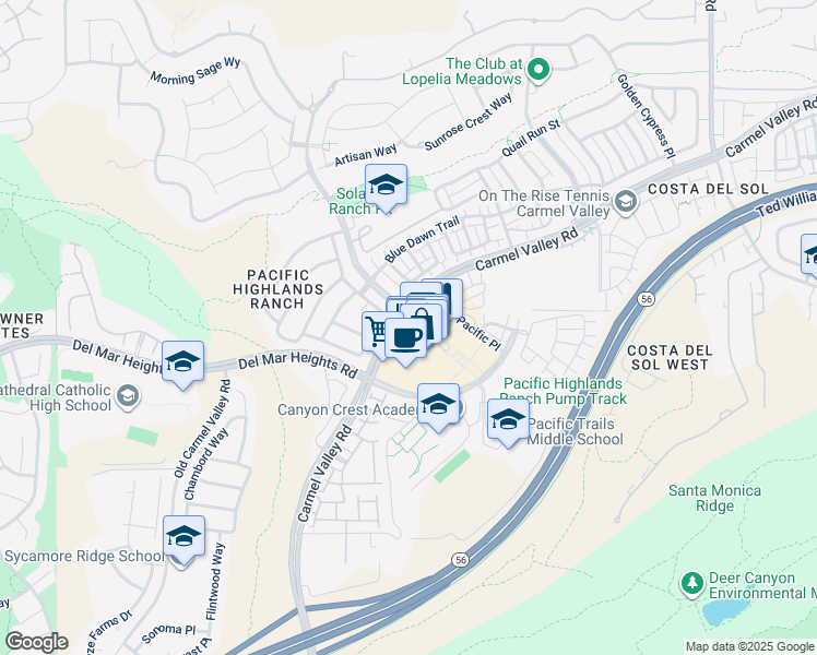 map of restaurants, bars, coffee shops, grocery stores, and more near 13490 Highlands Place in San Diego