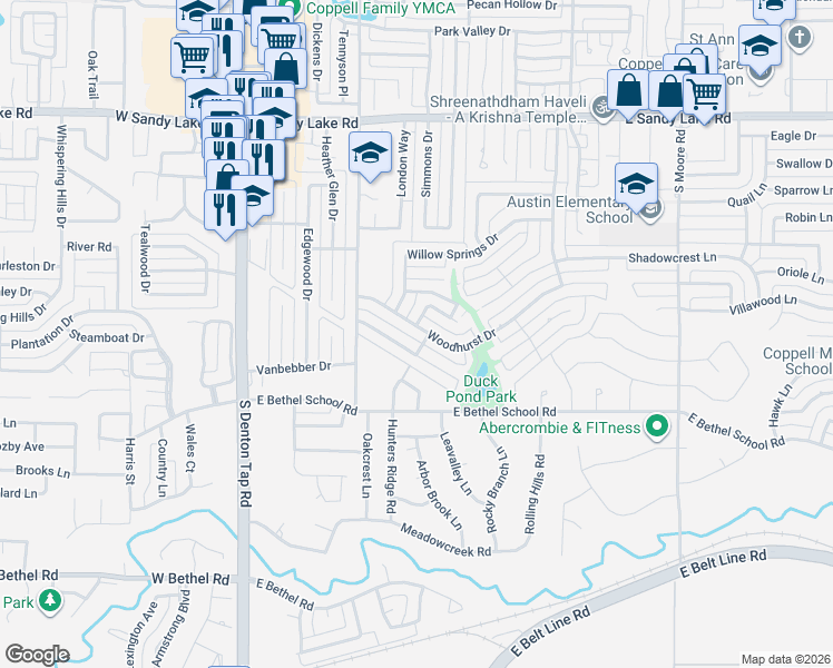 map of restaurants, bars, coffee shops, grocery stores, and more near 243 Woodhurst Drive in Coppell