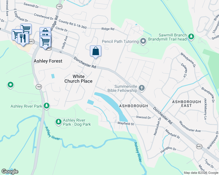 map of restaurants, bars, coffee shops, grocery stores, and more near 102 Caralana Circle in Summerville