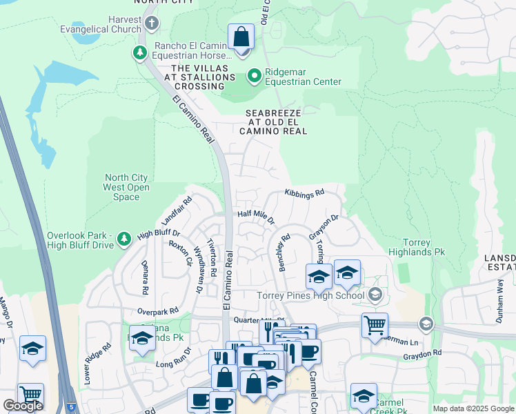 map of restaurants, bars, coffee shops, grocery stores, and more near 13505 Jadestone Way in San Diego