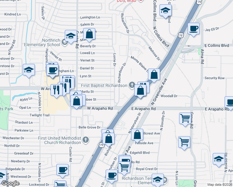 map of restaurants, bars, coffee shops, grocery stores, and more near 806 Lorrie Drive in Richardson