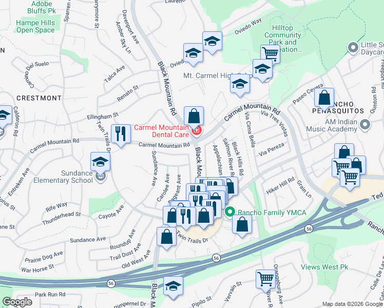 map of restaurants, bars, coffee shops, grocery stores, and more near 13293 Deron Avenue in San Diego