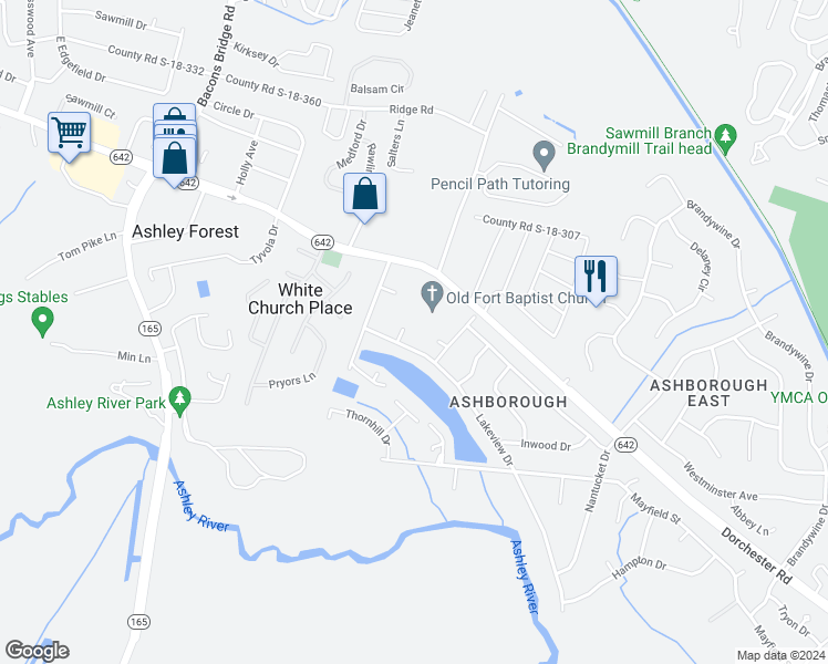 map of restaurants, bars, coffee shops, grocery stores, and more near 102 Caralana Circle in Summerville