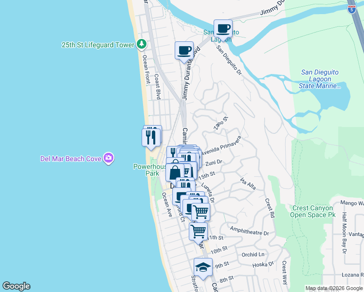 map of restaurants, bars, coffee shops, grocery stores, and more near 1650 Camino Del Mar in Del Mar