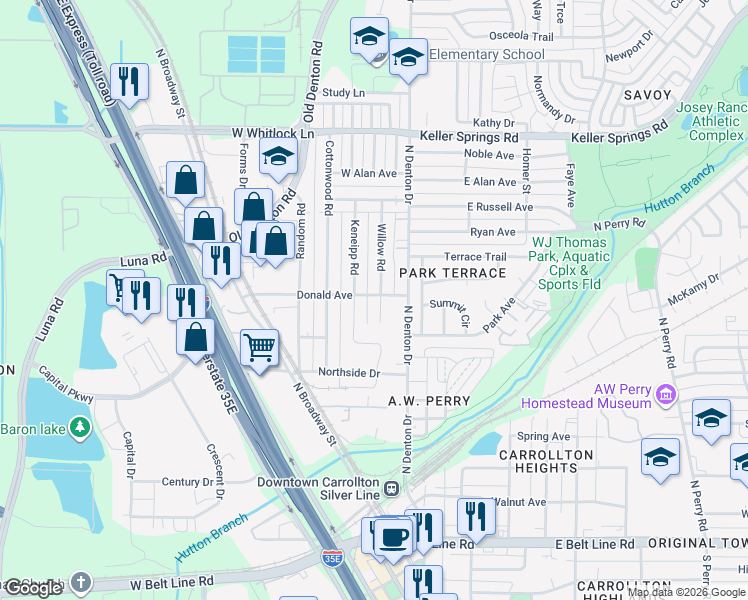 map of restaurants, bars, coffee shops, grocery stores, and more near 1711 Willow Rd in Carrollton