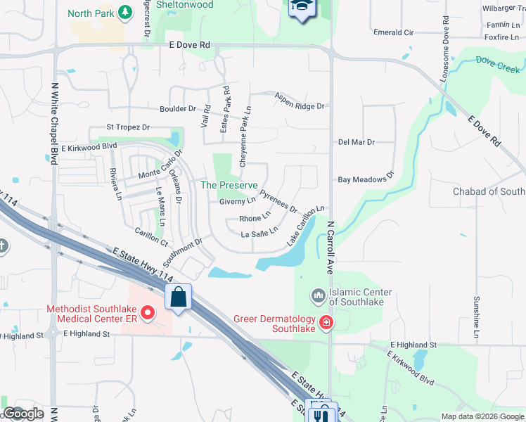 map of restaurants, bars, coffee shops, grocery stores, and more near 900 Rhone Lane in Southlake