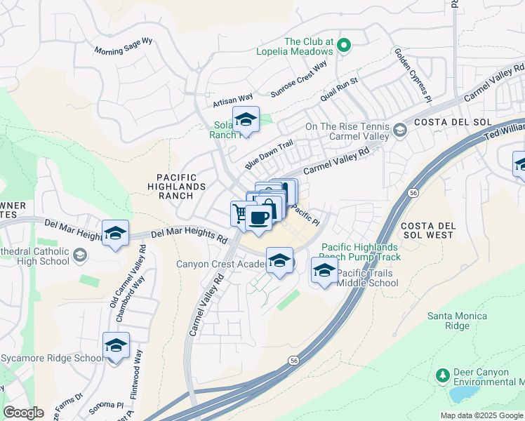 map of restaurants, bars, coffee shops, grocery stores, and more near 13490 Pacific Highlands Ranch Parkway in San Diego