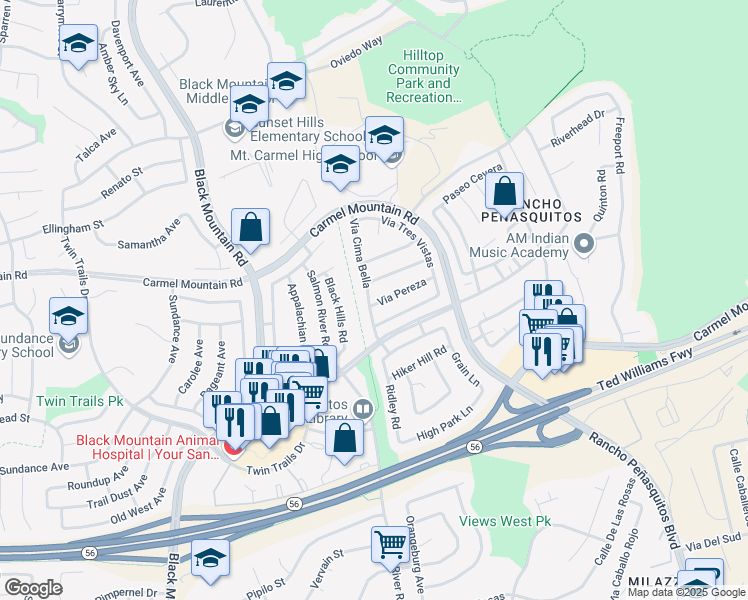 map of restaurants, bars, coffee shops, grocery stores, and more near 13673 Via Cima Bella in San Diego