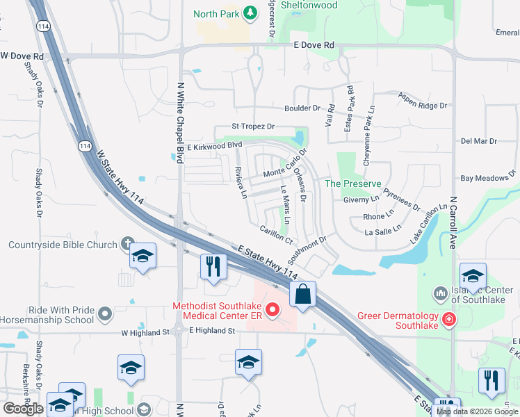 map of restaurants, bars, coffee shops, grocery stores, and more near 400 Montpelier Drive in Southlake
