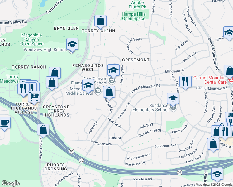 map of restaurants, bars, coffee shops, grocery stores, and more near 13385 Darview Lane in San Diego