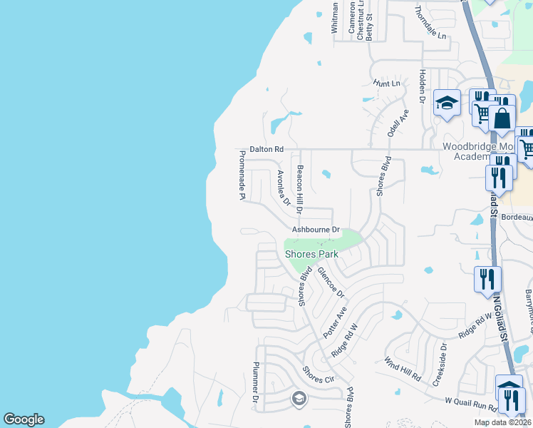 map of restaurants, bars, coffee shops, grocery stores, and more near 1700 Ashbourne Dr in Rockwall