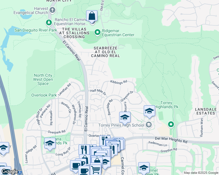 map of restaurants, bars, coffee shops, grocery stores, and more near 13383 Heston Place in San Diego