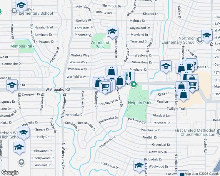 map of restaurants, bars, coffee shops, grocery stores, and more near West Arapaho Road in Richardson
