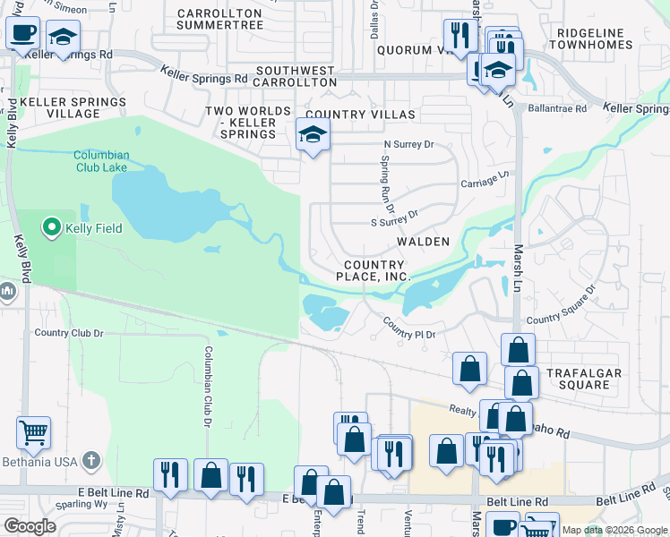 map of restaurants, bars, coffee shops, grocery stores, and more near 2725 Wagonwheel Drive in Carrollton