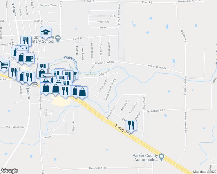 map of restaurants, bars, coffee shops, grocery stores, and more near 224 Spring Branch Trail South in Springtown