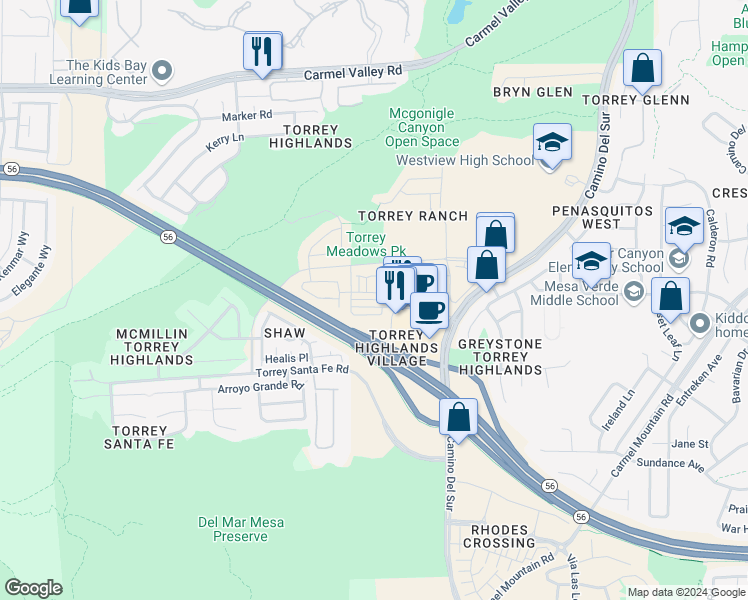 map of restaurants, bars, coffee shops, grocery stores, and more near 7750 Via Francesco in San Diego
