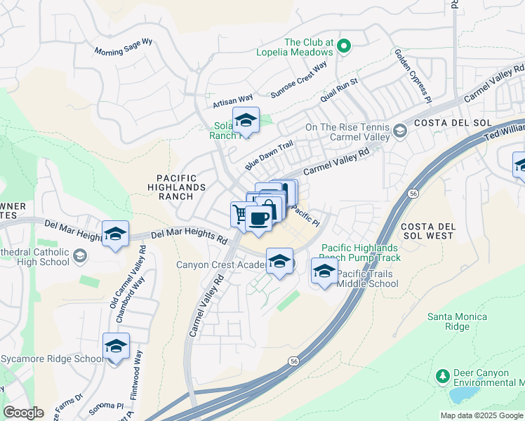 map of restaurants, bars, coffee shops, grocery stores, and more near 13490 Highlands Place in San Diego