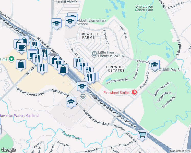 map of restaurants, bars, coffee shops, grocery stores, and more near 5021 Bellerive Court in Garland