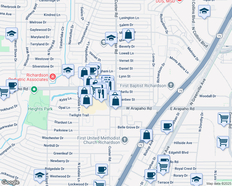 map of restaurants, bars, coffee shops, grocery stores, and more near 518 West Arapaho Road in Richardson