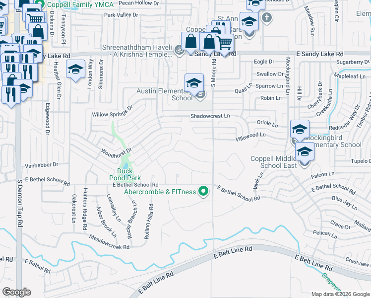 map of restaurants, bars, coffee shops, grocery stores, and more near 506 Meadowview Lane in Coppell